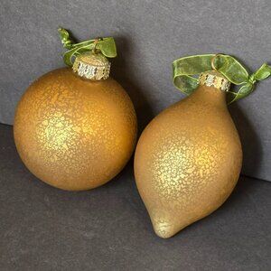Set 2 Frontgate Bronze Gold Crackle Glass Christmas Ornaments Round Teardrop 4"